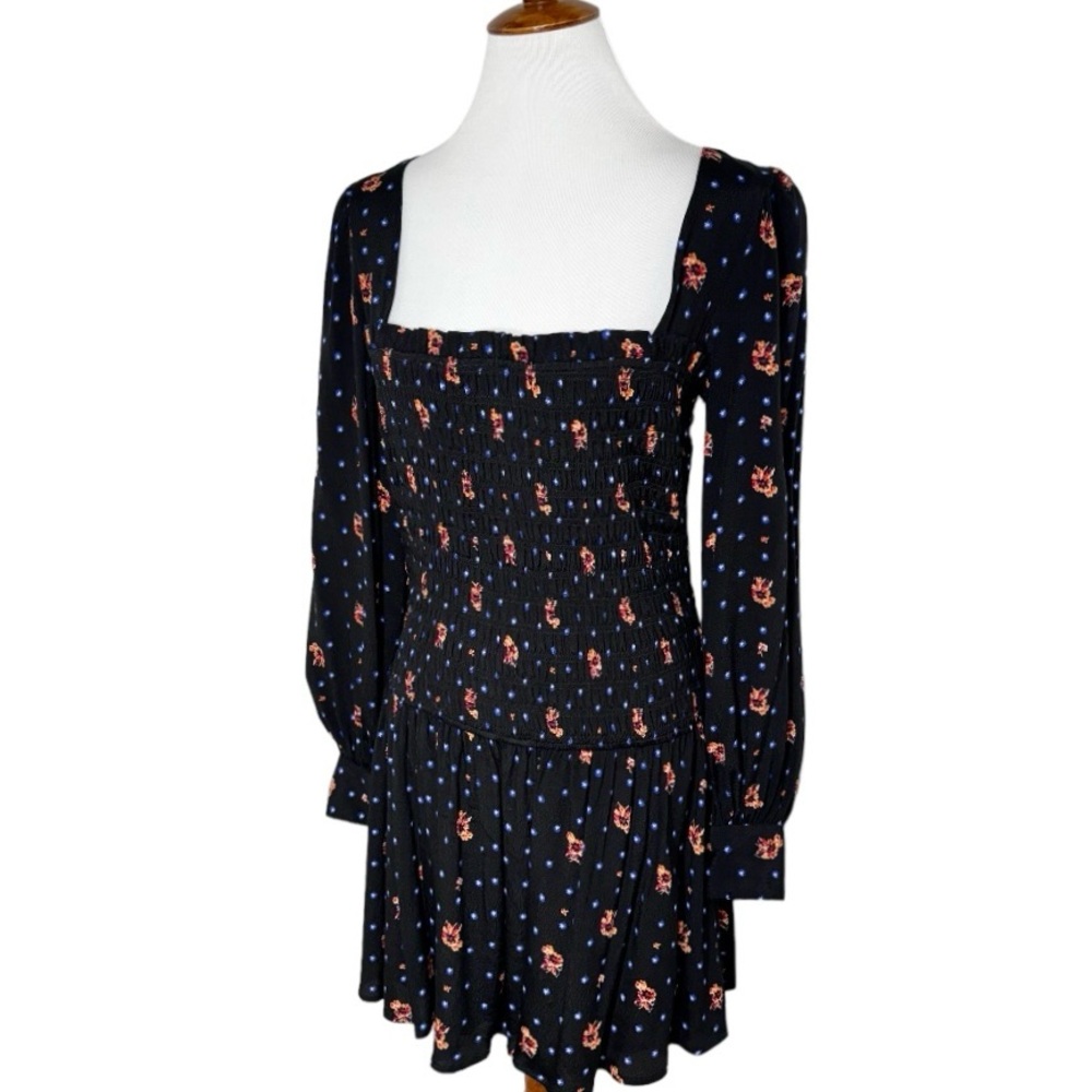 Free People Smocked Floral Celestial Star Black Long Sleeve Skater Mini Dress - Picture 6 of 14